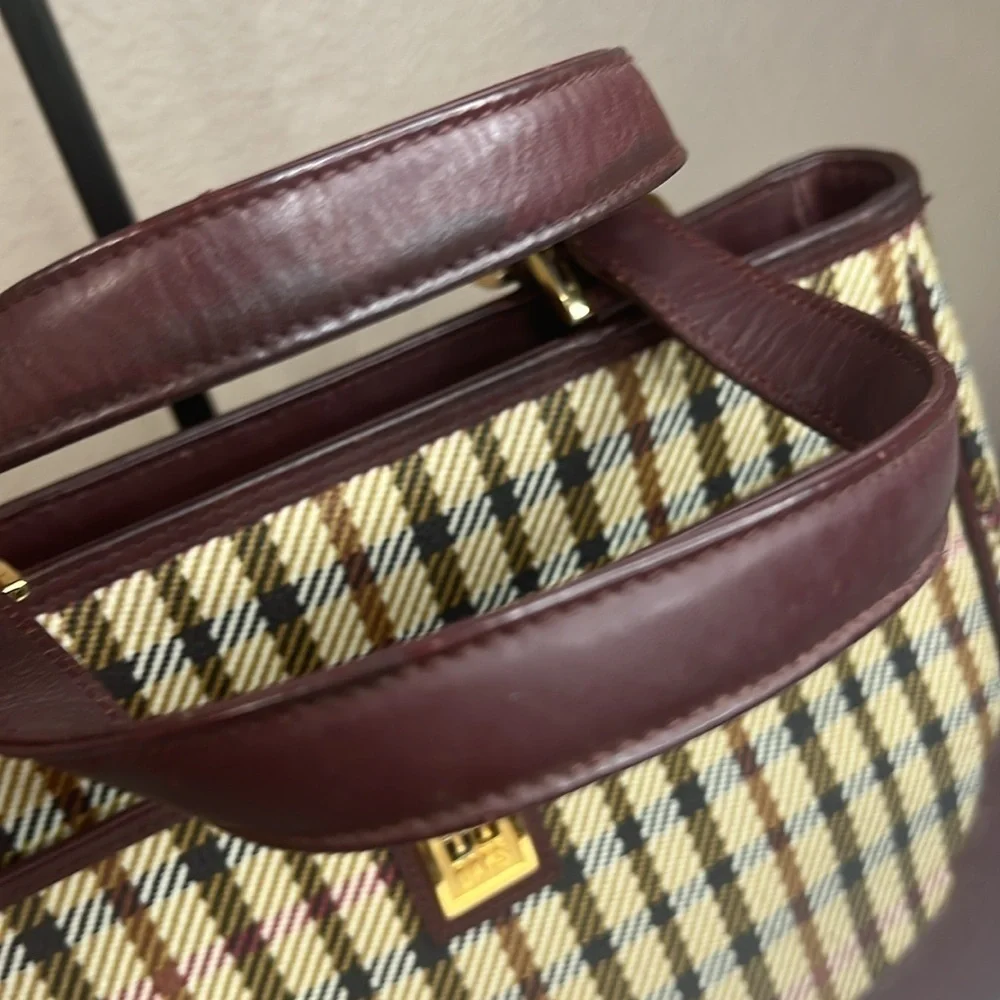 DAKS Vintage Plaid Structured Tote Satchel Burgundy Leather Trim